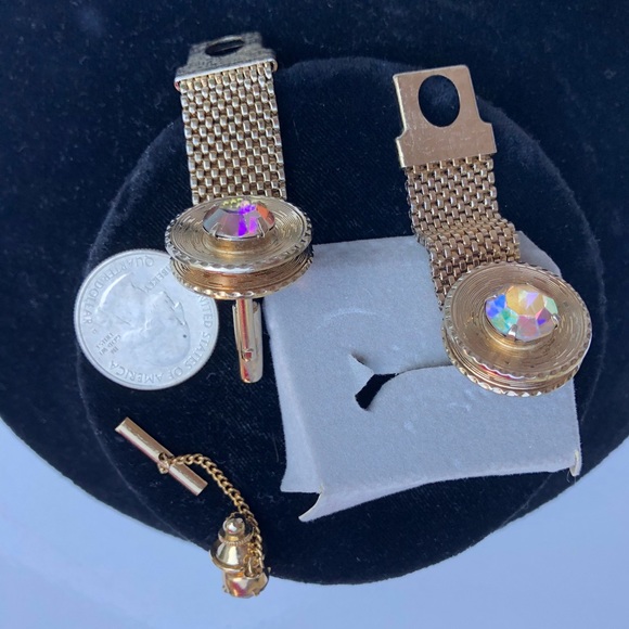 Vintage Gold Mesh Cufflinks Tie Tack Set Rivoli Rhinestones - Picture 6 of 12